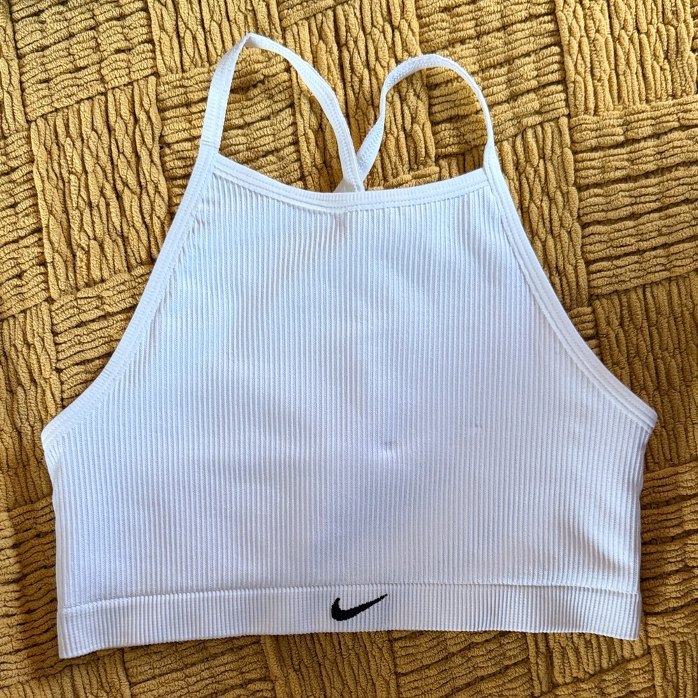 Nike White Ribbed High-Neck Sports Bra